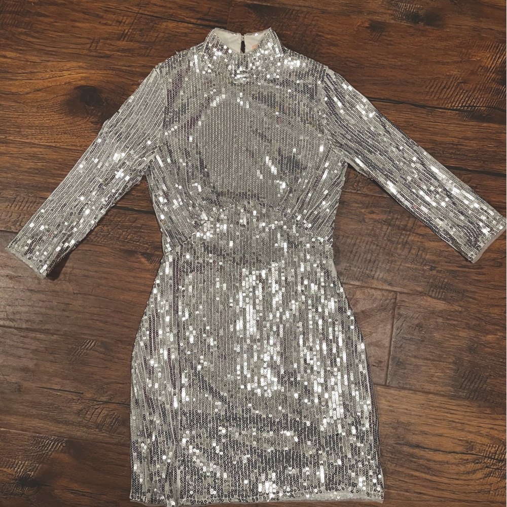 Silver sparkley dress. Never worn no tears or stains. Some loose threads